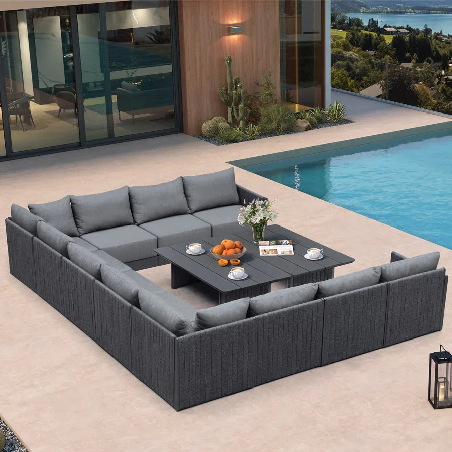 U-Shaped Modular Patio Sofa | Grey Cushions & Ottoman