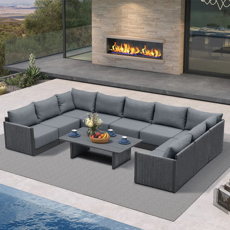 PURPLE LEAF Sanori U-shaped Patio Conversation Set with Grey Ottoman and Cushions for Poolside Graden
