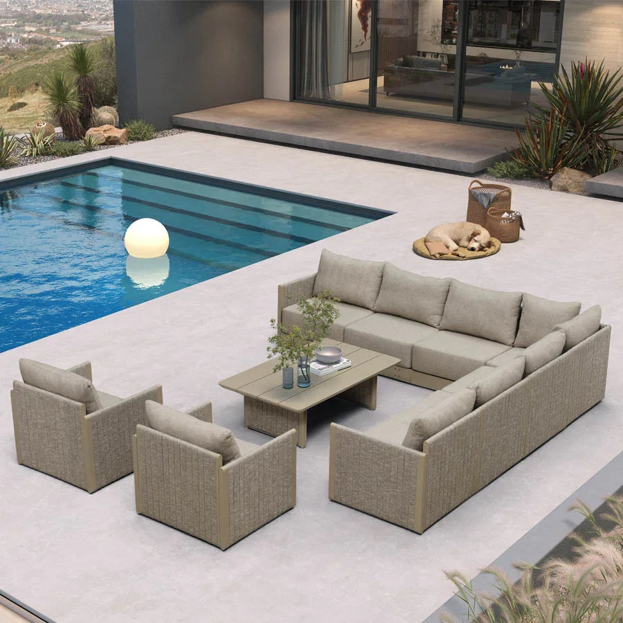 L-Shaped Modular Patio Sofa with Ottoman | Beige Cushions