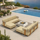 PURPLE LEAF Breck L-Shaped Modular Outdoor Sectional with Wood-Grain Aluminum Frame and Thick Teak-Colored Cushions for Luxury Backyard Lounge