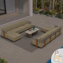 PURPLE LEAF Breck L-Shaped with table Modular Outdoor Sectional with Wood-Grain Aluminum Frame and Thick Teak-Colored Cushions for Luxury Backyard Lounge