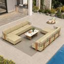 PURPLE LEAF Breck L-Shaped with table Modular Outdoor Sectional with Wood-Grain Aluminum Frame and Thick Teak-Colored Cushions for Luxury Backyard Lounge