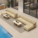 PURPLE LEAF Breck L-Shaped with table Modular Outdoor Sectional with Wood-Grain Aluminum Frame and Thick Teak-Colored Cushions for Luxury Backyard Lounge