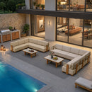 PURPLE LEAF Breck L-Shaped with table Modular Outdoor Sectional with Wood-Grain Aluminum Frame and Thick Teak-Colored Cushions for Luxury Backyard Lounge