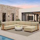 PURPLE LEAF Breck U-Shaped Modular Outdoor Sectional with Wood-Grain Aluminum Frame and Thick Teak-Colored Cushions for Family Entertaining