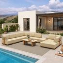 PURPLE LEAF Breck U-Shaped  with table Modular Outdoor Sectional with Wood-Grain Aluminum Frame and Thick Teak-Colored Cushions for Family Entertaining