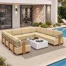 PURPLE LEAF Breck U-Shaped Modular Outdoor Sectional with Wood-Grain Aluminum Frame and Thick Teak-Colored Cushions for Family Entertaining