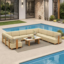 PURPLE LEAF Breck U-Shaped  with table Modular Outdoor Sectional with Wood-Grain Aluminum Frame and Thick Teak-Colored Cushions for Family Entertaining