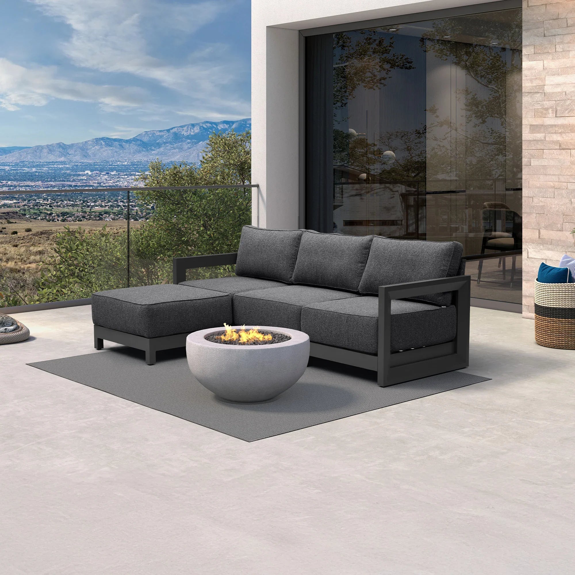 L-Shaped Patio Conversation Set | Grey Cushions & Ottoman