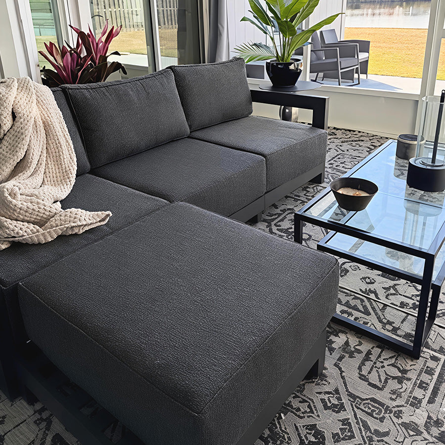 L-Shaped Patio Conversation Set | Grey Cushions & Ottoman
