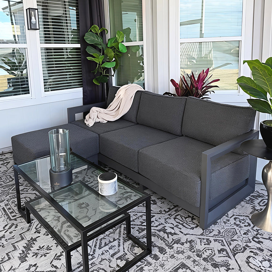 L-Shaped Patio Conversation Set | Grey Cushions & Ottoman
