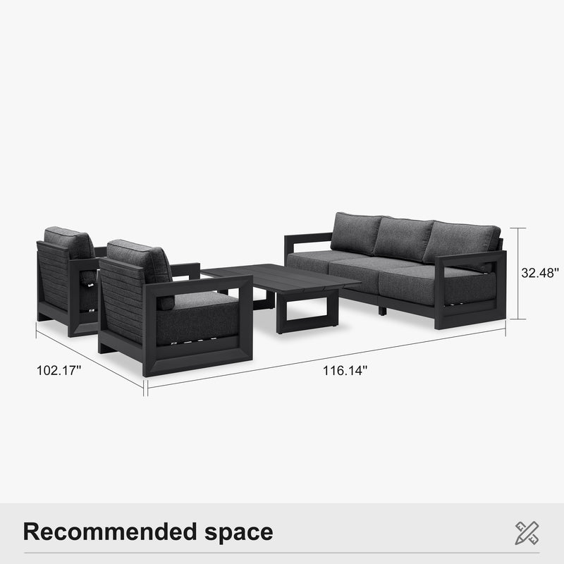 PURPLE LEAF Caesar Open-End Patio Conversation Set with Grey Cushion Pillows and Ottoman for Modern Outdoor Deck