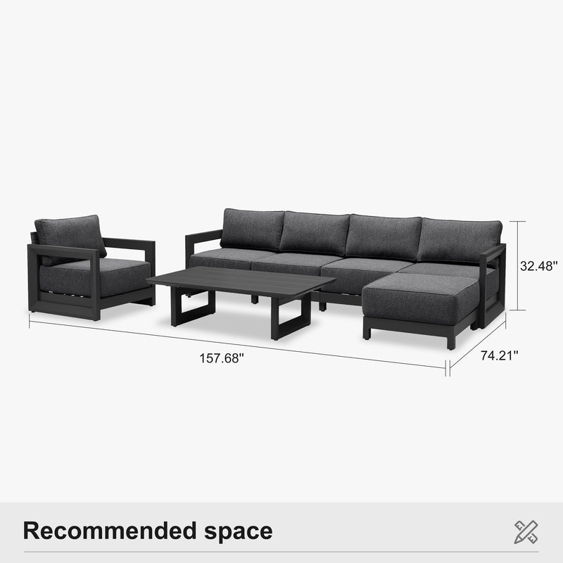 PURPLE LEAF Caesar Open-End Patio Conversation Set with Grey Cushion Pillows and Ottoman for Modern Outdoor Deck