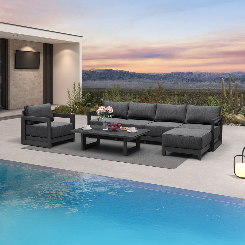 PURPLE LEAF Caesar Open-End Patio Conversation Set with Grey Cushion Pillows and Ottoman for Modern Outdoor Deck