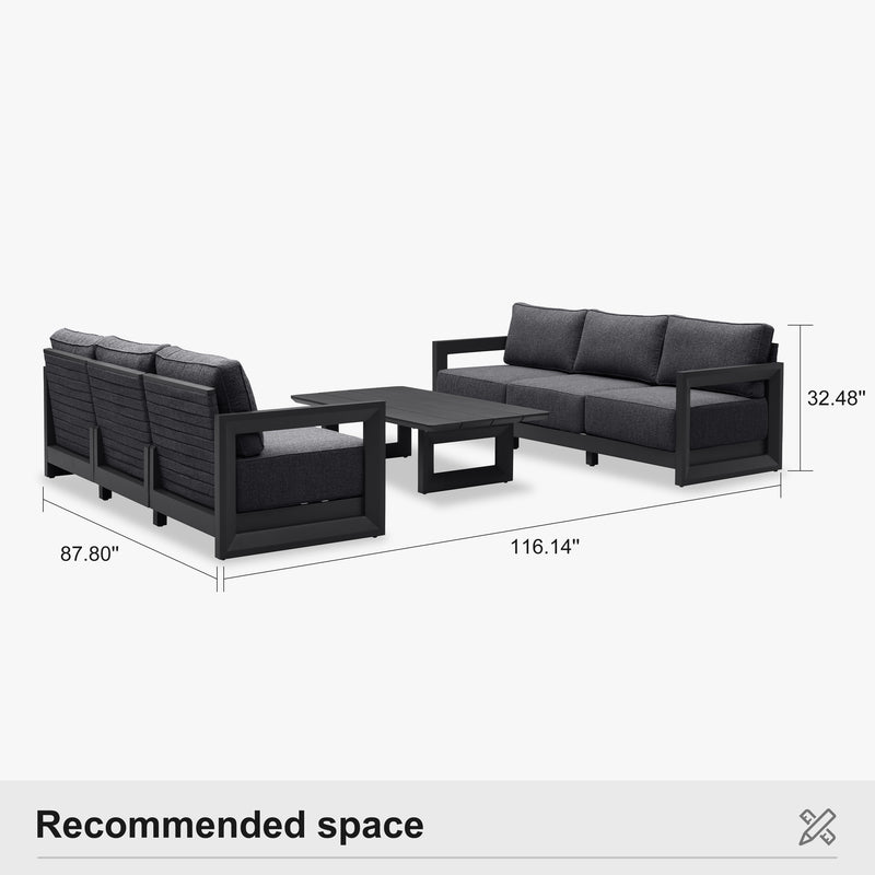 PURPLE LEAF Caesar Open-End Patio Conversation Set with Grey Cushion Pillows and Ottoman for Modern Outdoor Deck