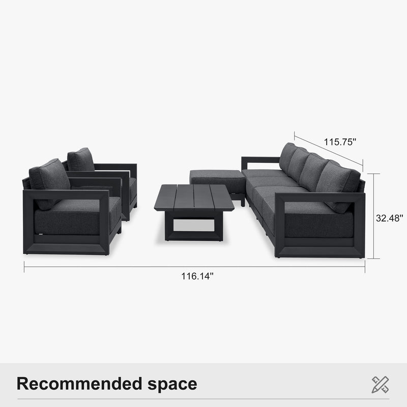 PURPLE LEAF Caesar Open-End Patio Conversation Set with Grey Cushion Pillows and Ottoman for Modern Outdoor Deck