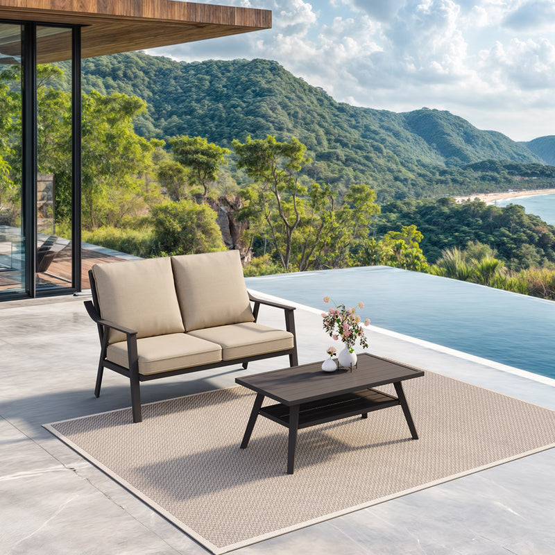 PURPLE LEAF Lorri Patio Conversation Set Small Size with Khaki Cushions Heavy-Duty Metal Frame Rattan Backrest for Patio Garden