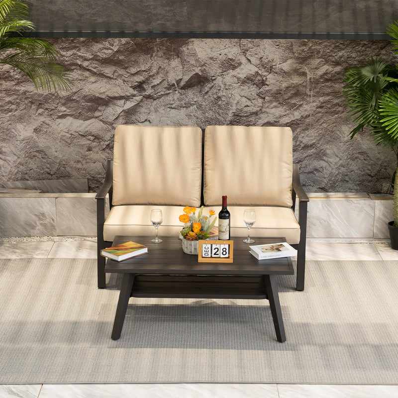 PURPLE LEAF Lorri Patio Conversation Set Small Size with Khaki Cushions Heavy-Duty Metal Frame Rattan Backrest for Patio Garden