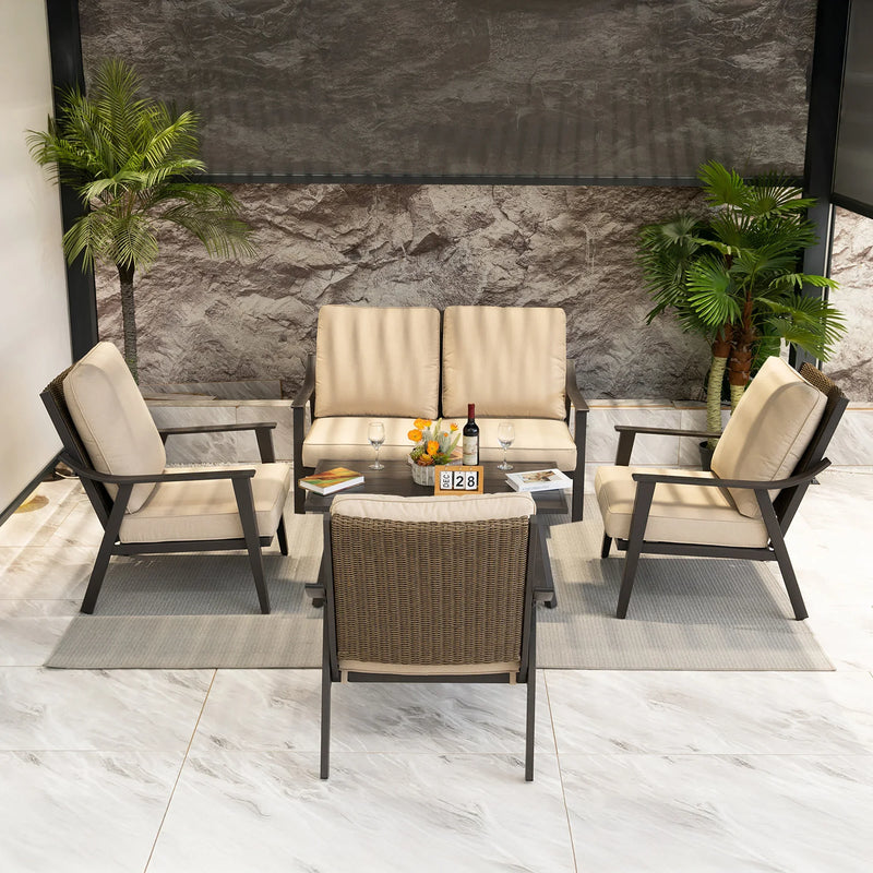 PURPLE LEAF Lorri Patio Conversation Set Medium Size with Khaki Cushions Heavy-Duty Metal Frame Rattan Backrest for Patio Garden