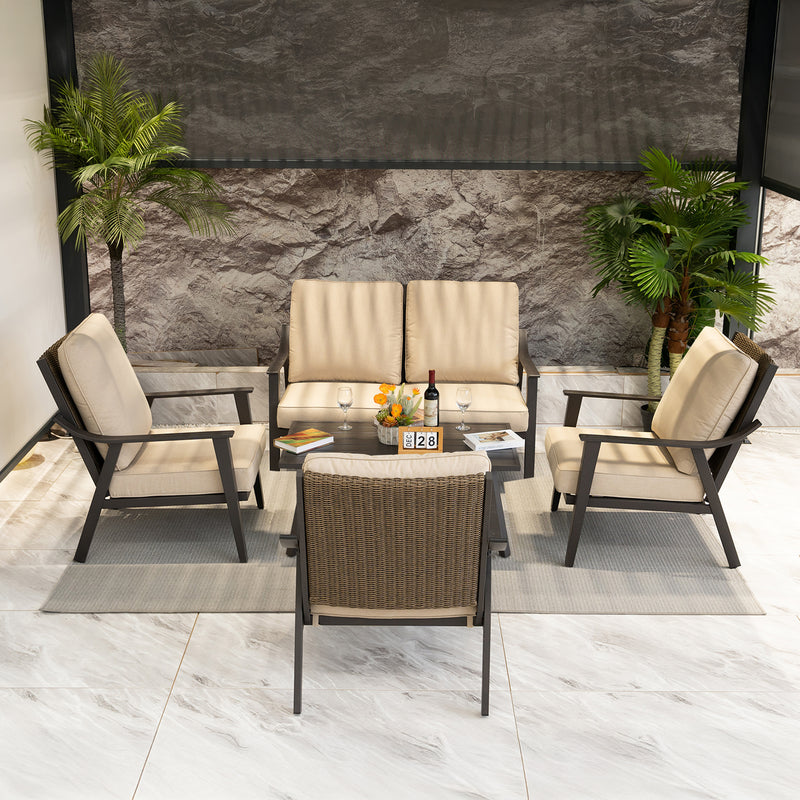 PURPLE LEAF Lorri Patio Conversation Set Small Size with Khaki Cushions Heavy-Duty Metal Frame Rattan Backrest for Patio Garden