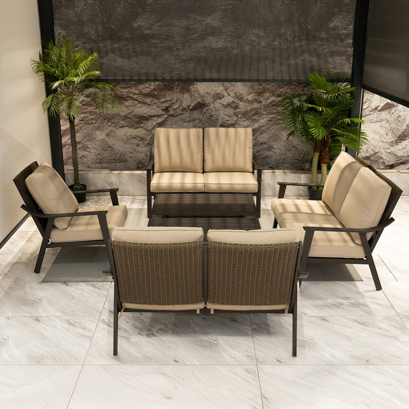 PURPLE LEAF Lorri Patio Conversation Set Small Size with Khaki Cushions Heavy-Duty Metal Frame Rattan Backrest for Patio Garden