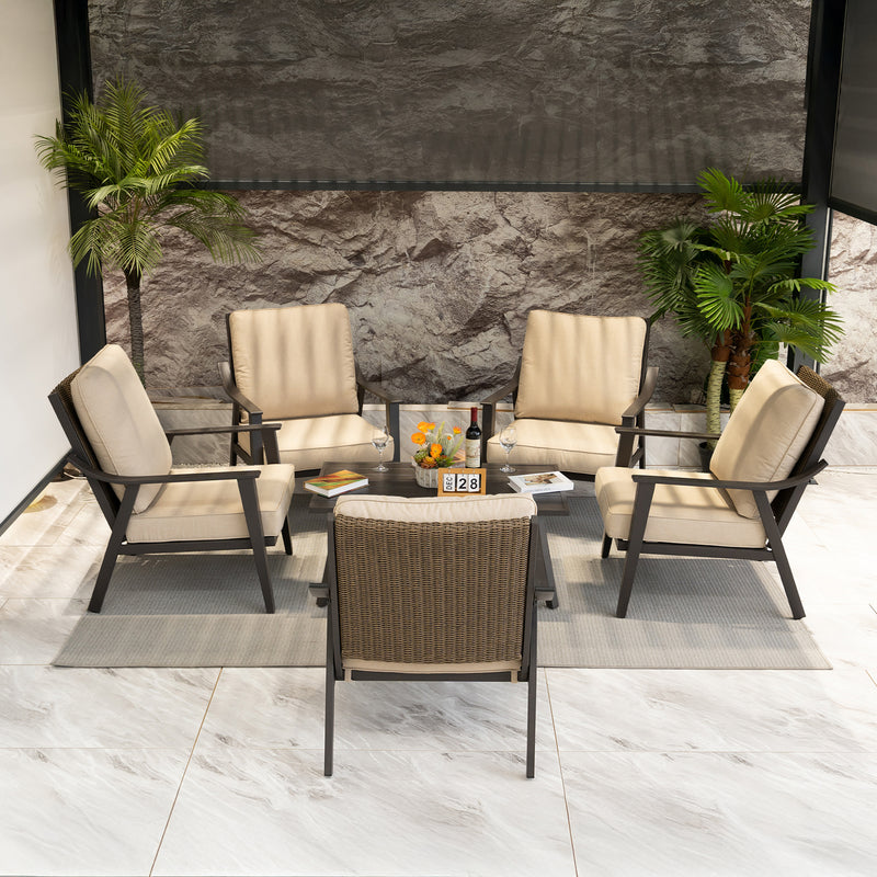 PURPLE LEAF Lorri Patio Conversation Set Small Size with Khaki Cushions Heavy-Duty Metal Frame Rattan Backrest for Patio Garden