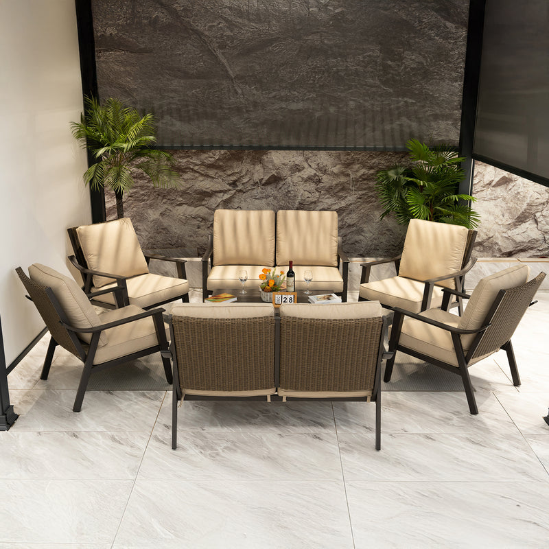 PURPLE LEAF Lorri Patio Conversation Set Small Size with Khaki Cushions Heavy-Duty Metal Frame Rattan Backrest for Patio Garden