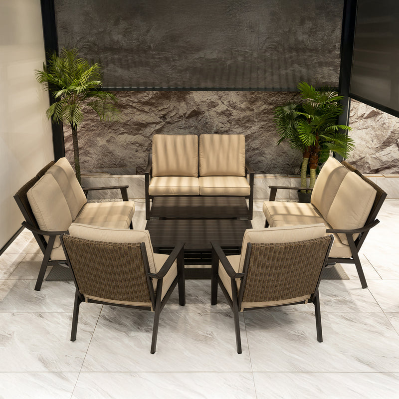 PURPLE LEAF Lorri Patio Conversation Set Small Size with Khaki Cushions Heavy-Duty Metal Frame Rattan Backrest for Patio Garden