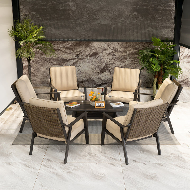PURPLE LEAF Lorri Patio Conversation Set Small Size with Khaki Cushions Heavy-Duty Metal Frame Rattan Backrest for Patio Garden