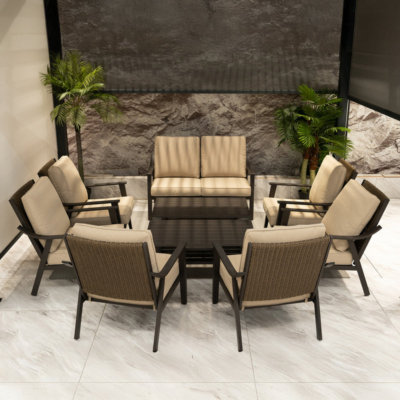 PURPLE LEAF Lorri Patio Conversation Set Large Size with Khaki Cushions Heavy-Duty Metal Frame Rattan Backrest for Patio Garden