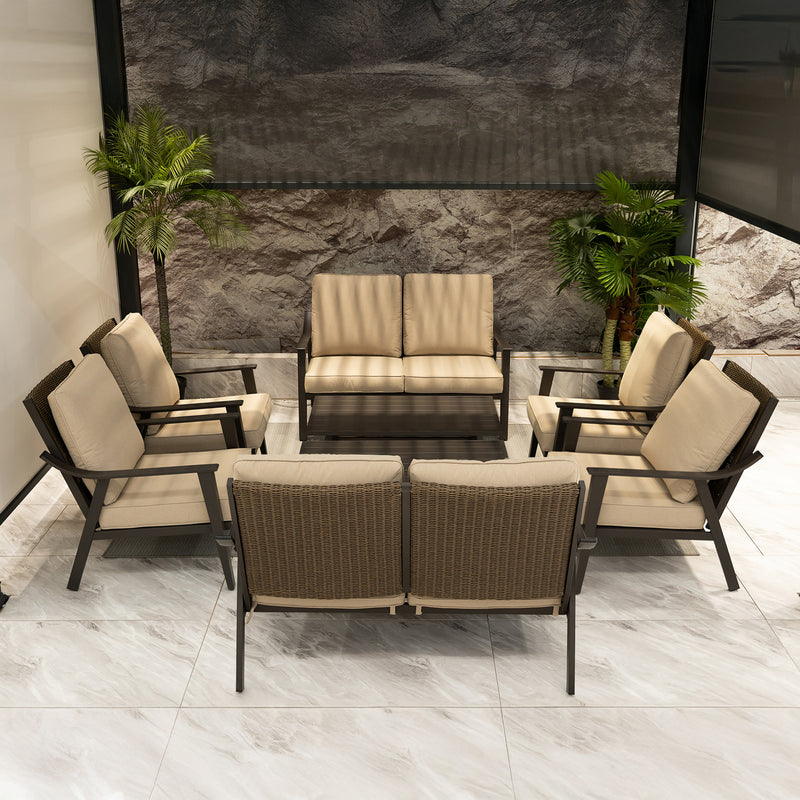 PURPLE LEAF Lorri Patio Conversation Set Large Size with Khaki Cushions Heavy-Duty Metal Frame Rattan Backrest for Patio Garden