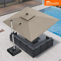 Sunbrella cantilever patio umbrella with gray outdoor furniture set by pool