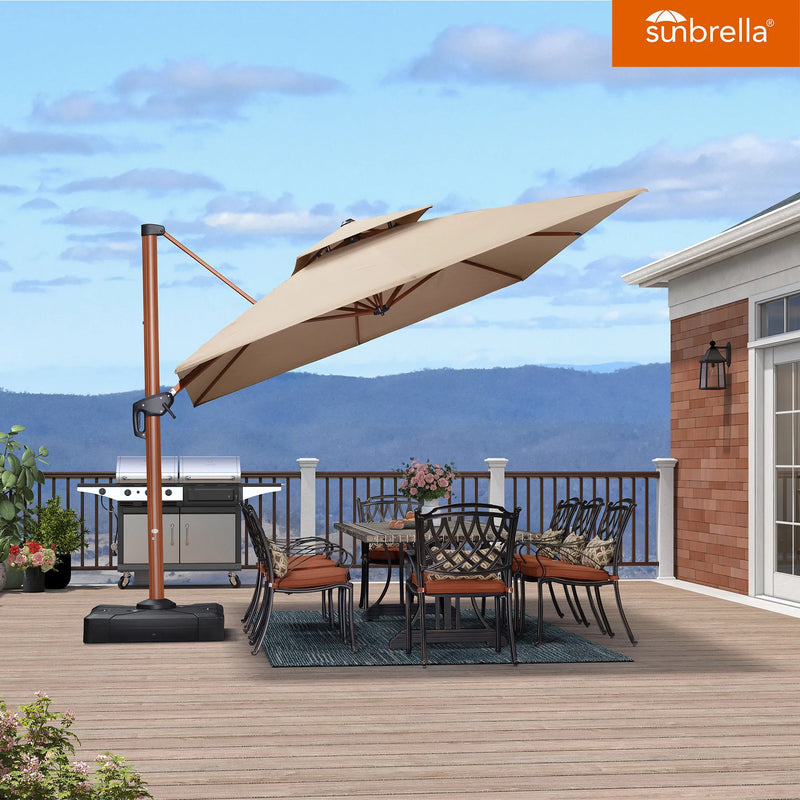 PURPLE LEAF SUNBRELLA Fabric Large Cantilever Umbrella Double Top Deluxe Rectangle Patio Umbrella with Wood Pattern