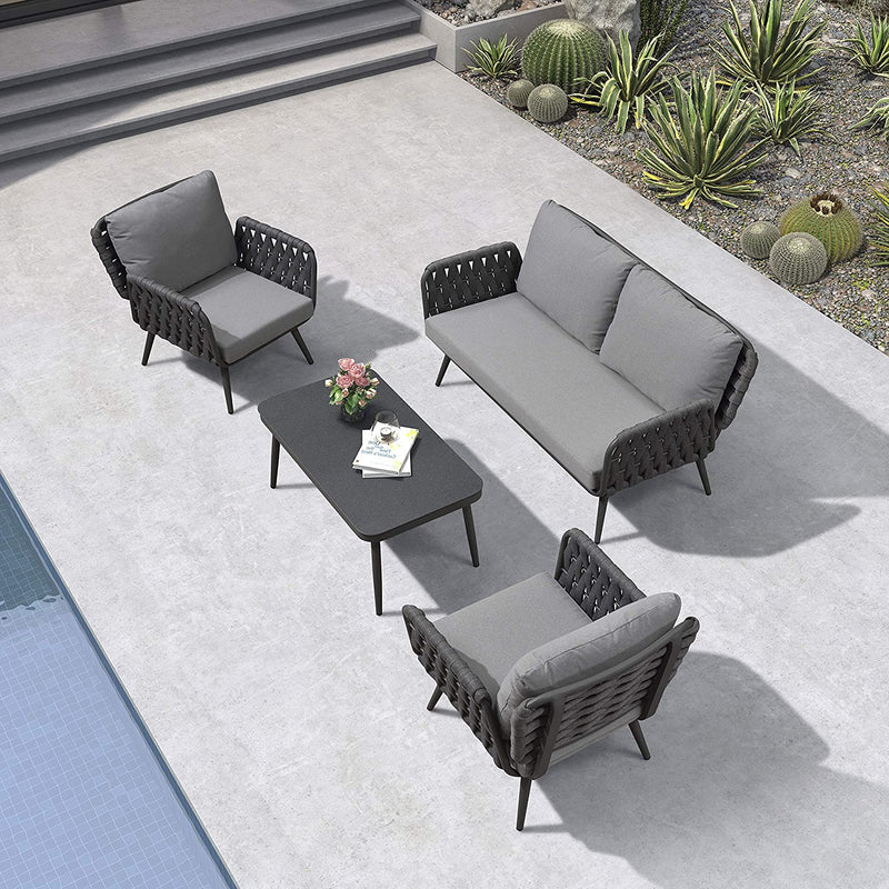 【Clearance】PURPLE LEAF Patio Conversation Set 4 Pieces Aluminum Frame Rope Outdoor Furniture with Table