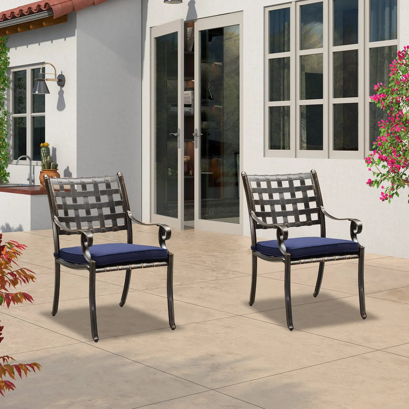 Outdoor dining chairs set with antique bronze finish and blue cushions, cast aluminum patio furniture