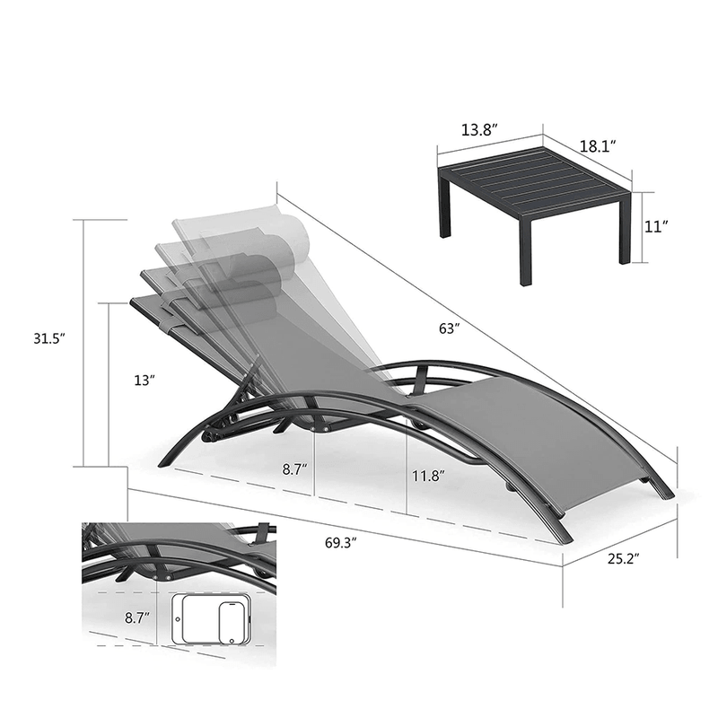 OPEN BOX I PURPLE LEAF Patio Chaise Lounge Set Outdoor Beach Pool Sunbathing Lawn Lounger Recliner Chair Outside Chairs with Side Table Included - Purple Leaf Garden