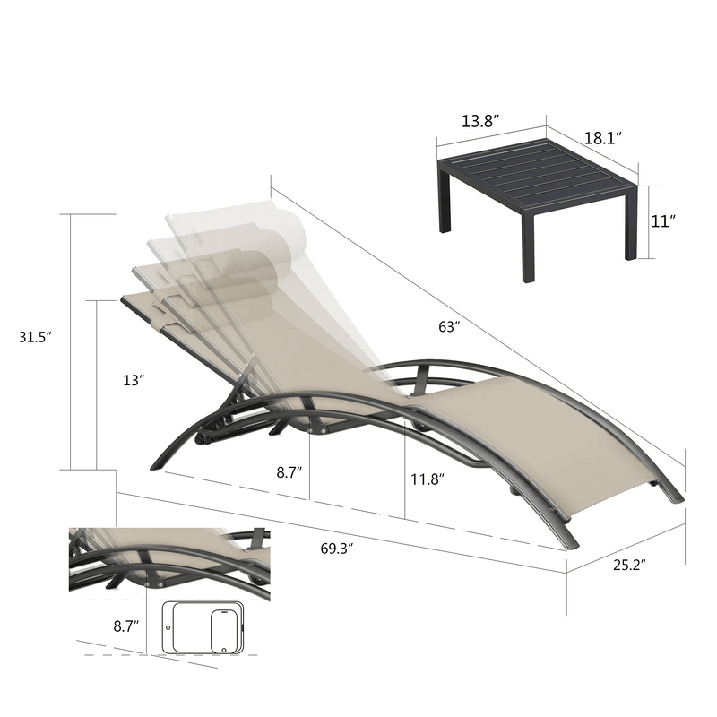 OPEN BOX I PURPLE LEAF Patio Chaise Lounge Set Outdoor Beach Pool Sunbathing Lawn Lounger Recliner Chair Outside Chairs with Side Table Included - Purple Leaf Garden