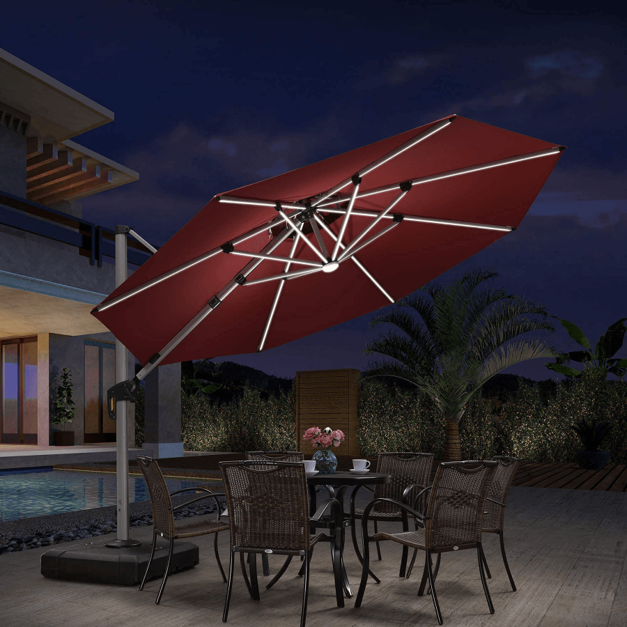 10/11/12ft Solar LED Round Cantilever Patio Umbrella