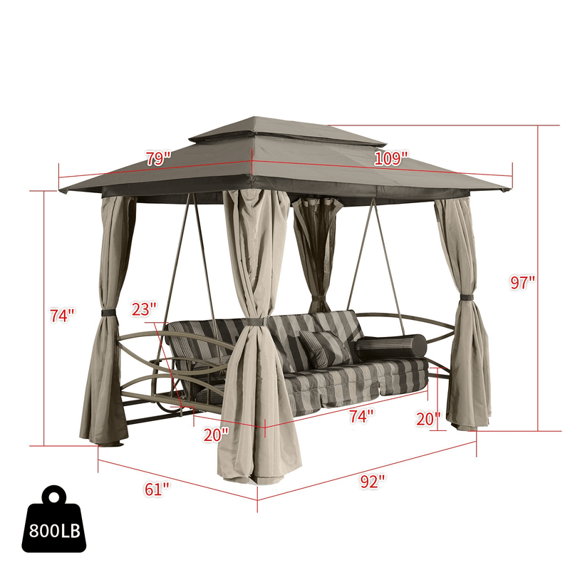 PURPLE LEAF 3 Person Patio Porch Swing with Netting Curtains, Daybed is Adjustable, Beige - Purple Leaf Garden
