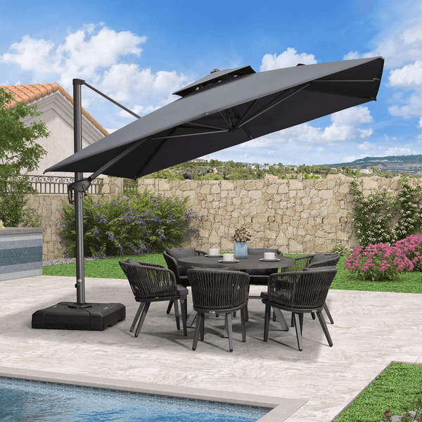 Cantilever patio umbrella with double top over an outdoor dining set. Offers patio shade solutions.