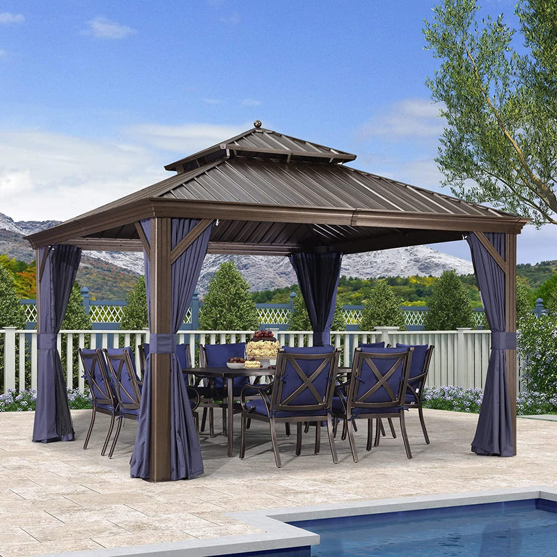 PURPLE LEAF Outdoor Hardtop Gazebo For Patio Bronze Aluminum Frame Pavilion With Navy-Blue Curtain - Purple Leaf Garden